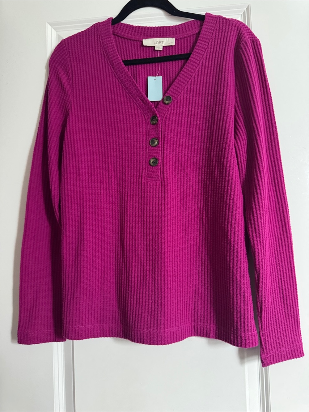 LOFT Women's Bright Fuchsia Ribbed Henley Pullover